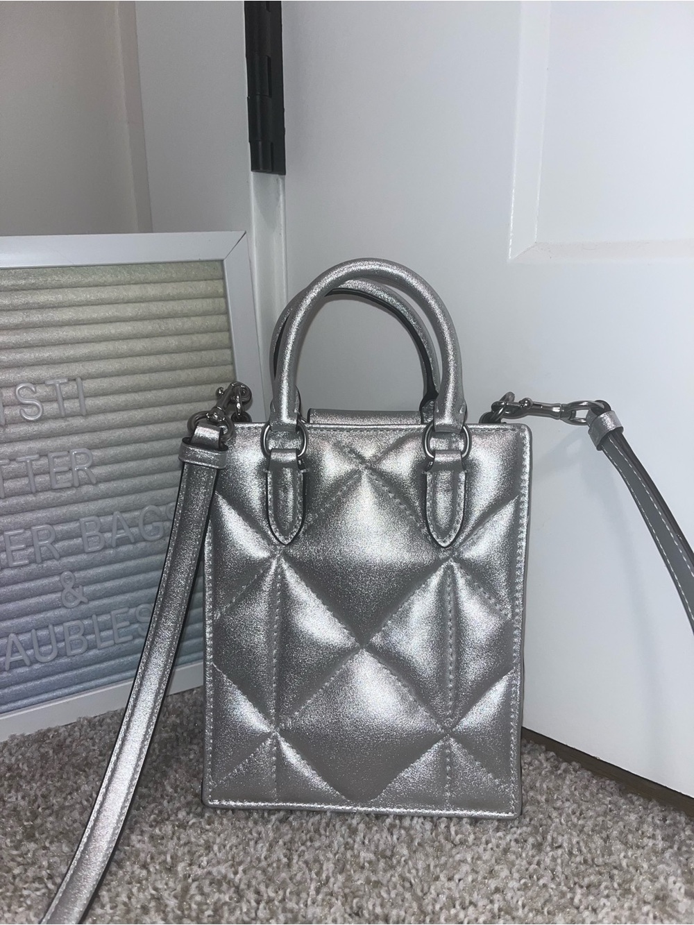 NWOT COACH Metallic Silver Diamond Quilted Mini Tote Bag - Picture 6 of 6